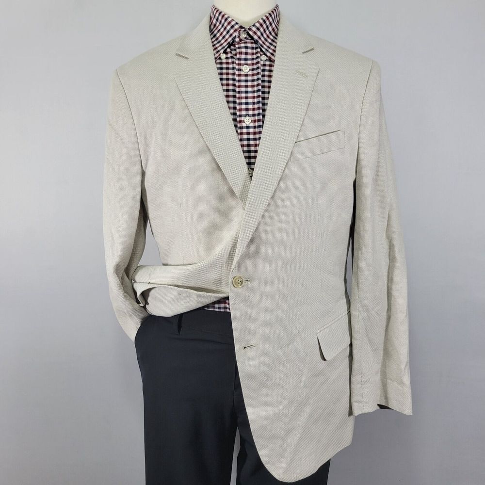 Stafford Men's Sport Coat Blazer Two Button Basket Weave Beige Cotton Sz 46R